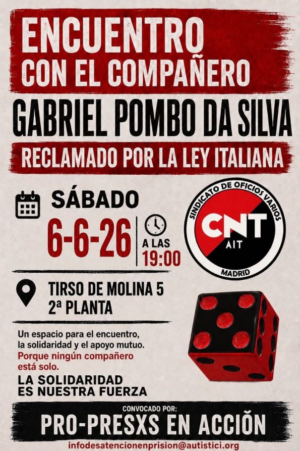 Charla 6/6/2026 a las 19hs | Sobre la situación represiva contra el compañero Gabriel Pombo Da Silva