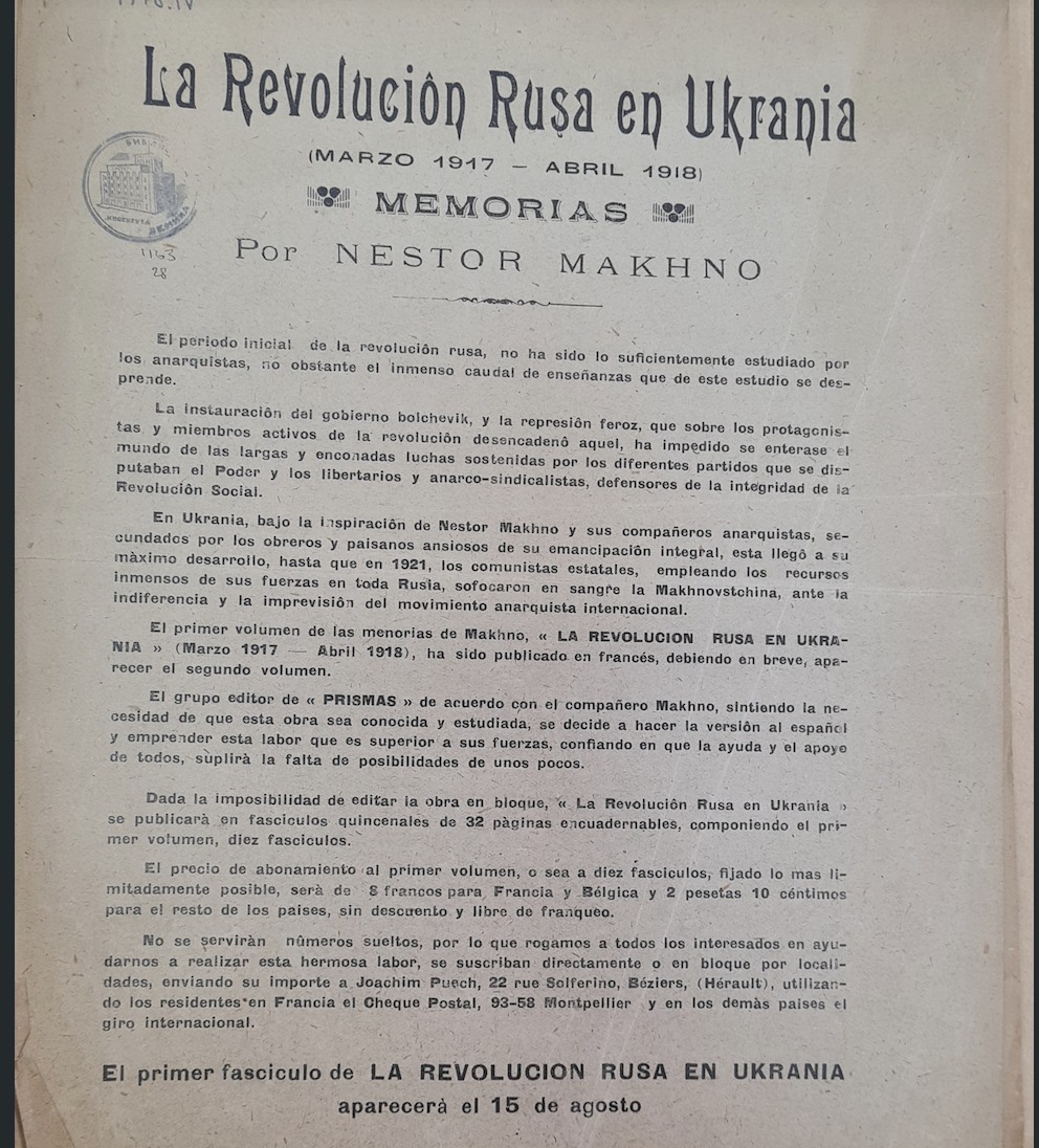 Anuncio de la publicación de «La Revolución Rusa en Ucrania» en español
